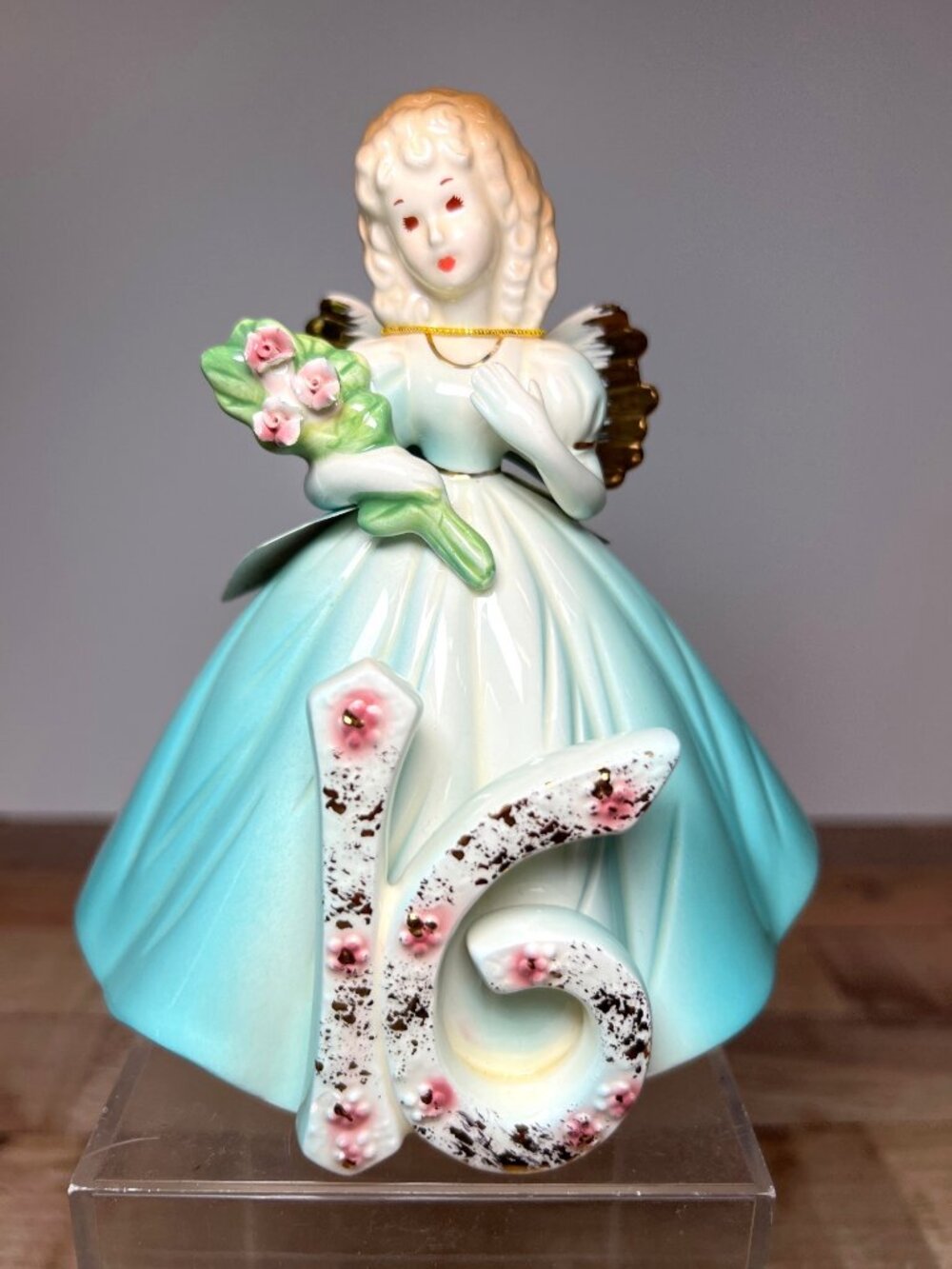 Josef Originals Birthday Girl Figurine 16th Angel With Blue Dress & Gold Wings